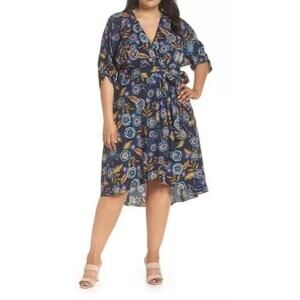 Eliza J Womens Floral High/Low Wrap Dress V-neck Lined Blue Multicolor Size 10‎